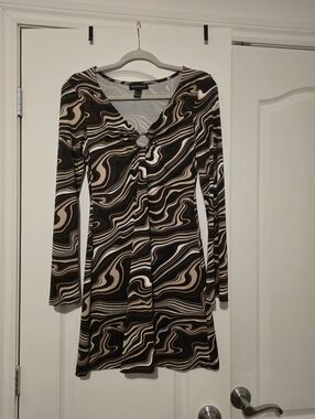 70s Style Long Sleeve Brown & Cream Swirl Dress